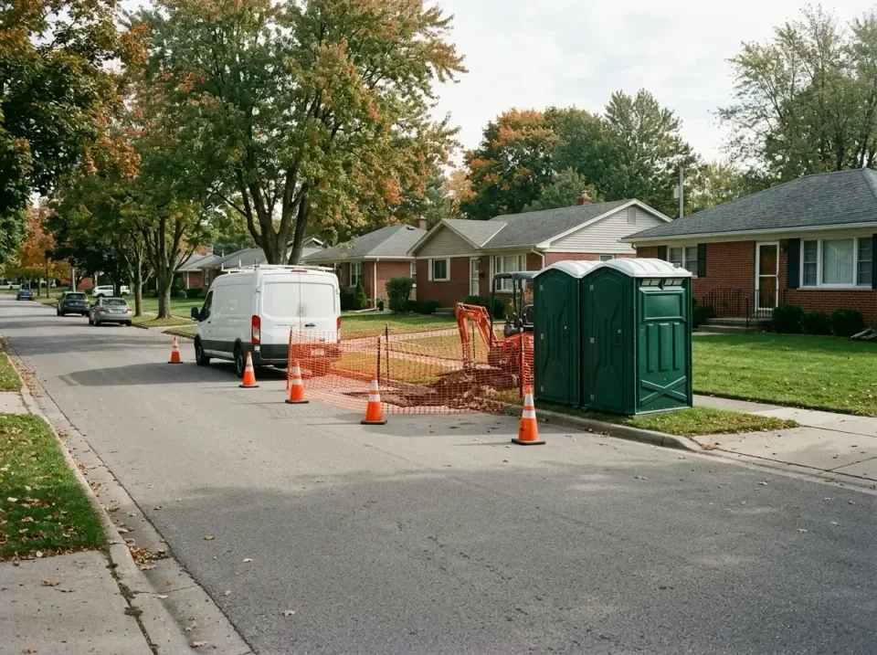Portable Toilet — Residential Street — Portable Toilet, Porta Potty, Work Van, Residential Street, Portable Toilet Rental in…